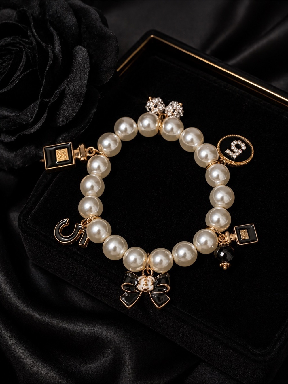 Pearl Perfume Bottle Charm Bracelet with Black & Gold Accents